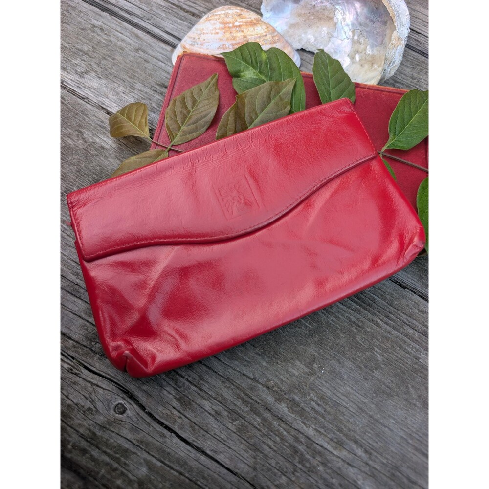 80s Vintage Anne Klein Red Leather Clutch Wallet Purse With Checkbook Cover